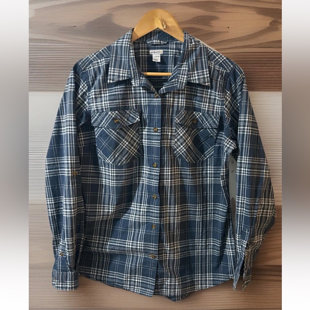 Carhartt Women’s Rollup Sleeve Plaid Poplin Shirt Stretch Blue Gray Size L 12/14